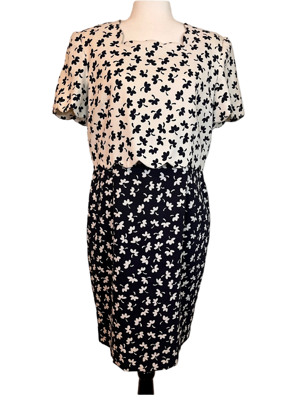 Vintage Talbots Petite Floral Twofer Dress 12 Scalloped Square Neck Navy White